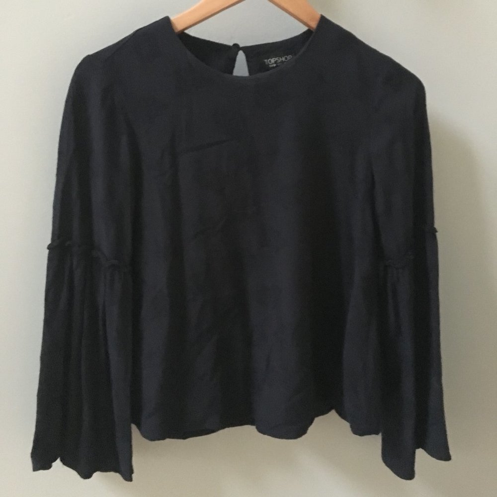 Topshop Navy Floral Bell Sleeve Blouse